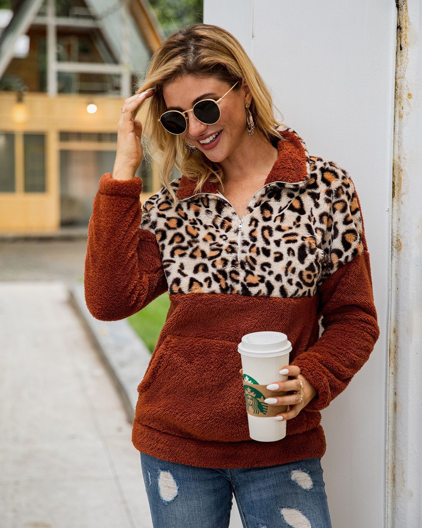 Women Half Leopard Zipper Sweaters