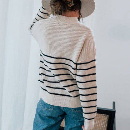 Striped High Collar Pullover Sweater for Women – Color Matching Long Sleeve Zipper Top, New Autumn/Winter Style