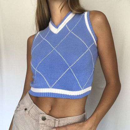 Women’s Argyle Sweater Vest – Sleeveless Plaid Knitted Crop Top, Casual V-Neck Pullovers for Spring & Autumn Preppy Style