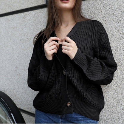 Women Deep V-Neck Knitted Cardigan Sweater