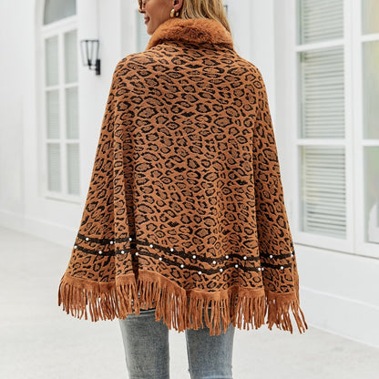 Womens Leopard Color Faux Fur Collar Thick Winter Warm Shawl Jackets