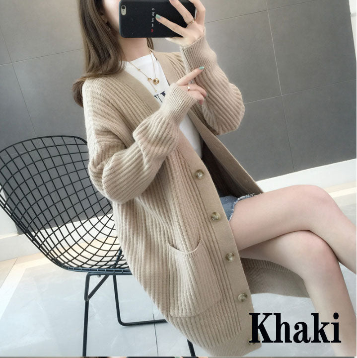 Women's 2025 Autumn/Winter Fashionable Button Knit Cardigan | Solid Color Loose-Fit Sweater