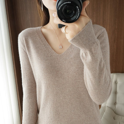 Autumn Winter Knitted Women V-Neck Slim Fit Sweater