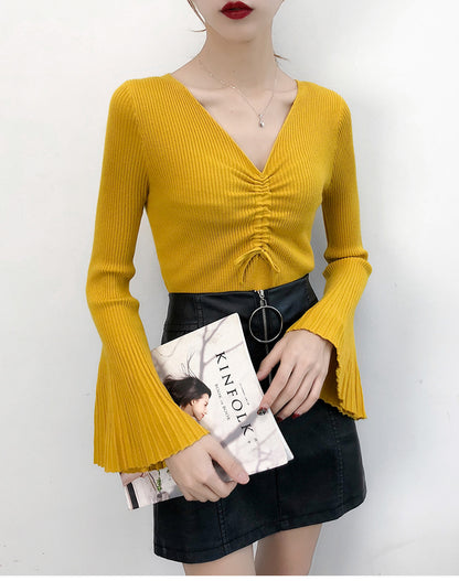 Women Drawstring V-Neck Thin Sweaters