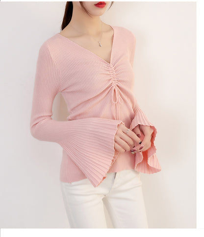 Women Drawstring V-Neck Thin Sweaters