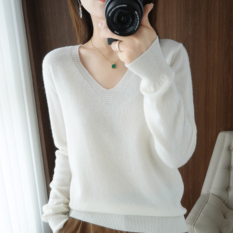 Autumn Winter Knitted Women V-Neck Slim Fit Sweater
