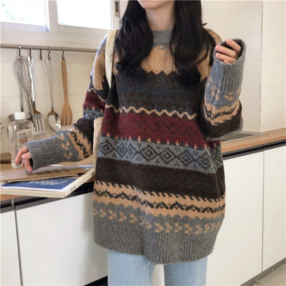 Vintage Sweaters Women Pullover Winter Striped Jumpers Korean Style Loose Pullover Knitwear Casual Loose Sweater Pull Femme