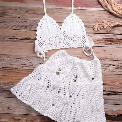 Women's Solid Knit Crochet Bikini Set | Hollowed Out Two-Piece Swimsuit, Halter Beachwear Swimwear