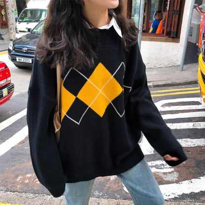 Women’s Oversized Knit Sweater – Fashionable Loose Pullover Jumper in Korean College Style & Plaid for Winter