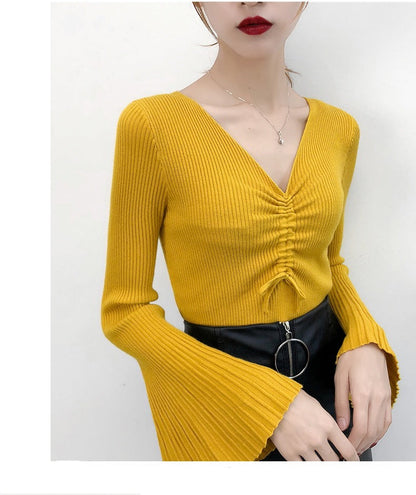 Women Drawstring V-Neck Thin Sweaters