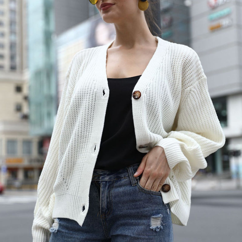 Women Deep V-Neck Knitted Cardigan Sweater