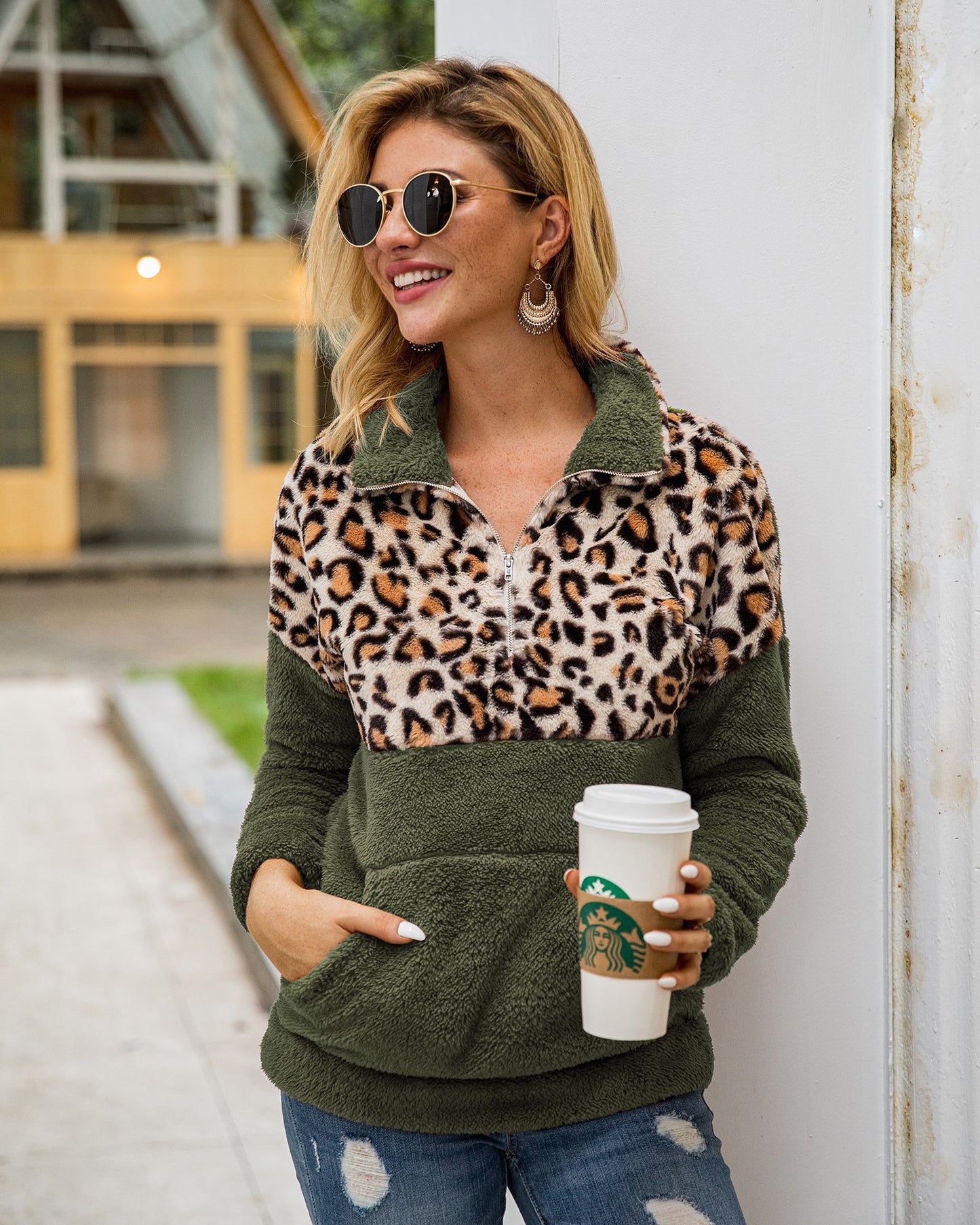 Women Half Leopard Zipper Sweaters