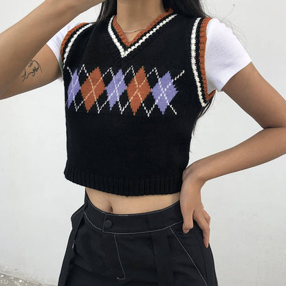 Women’s Argyle Sweater Vest – Sleeveless Plaid Knitted Crop Top, Casual V-Neck Pullovers for Spring & Autumn Preppy Style