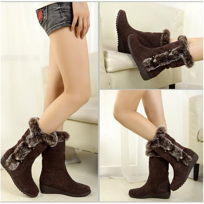 Winter Women's Boots – Casual Warm Fur Mid-Calf Boots, Slip-On Round Toe Wedges, Plus Size Snow Boots