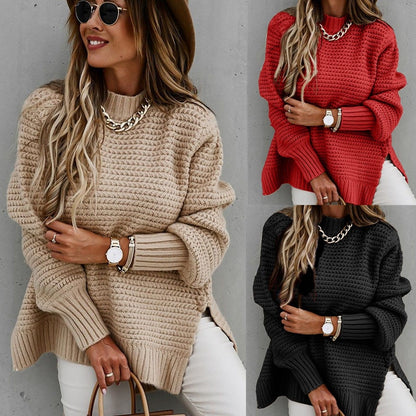 Autumn Winter Mock Neck Batwing Sleeve Women Knitted Sweater