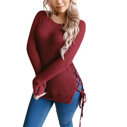 Lace Up Decoration Knitted Winter Sweater For Women