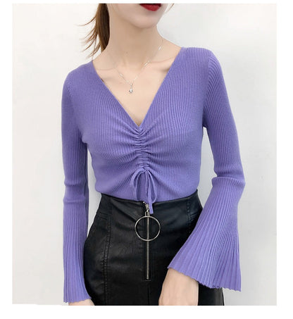 Women Drawstring V-Neck Thin Sweaters