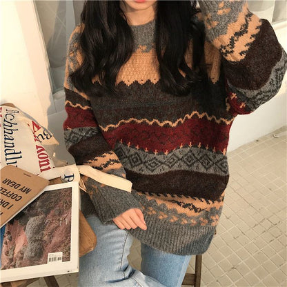 Vintage Sweaters Women Pullover Winter Striped Jumpers Korean Style Loose Pullover Knitwear Casual Loose Sweater Pull Femme