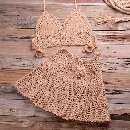 Women's Solid Knit Crochet Bikini Set | Hollowed Out Two-Piece Swimsuit, Halter Beachwear Swimwear