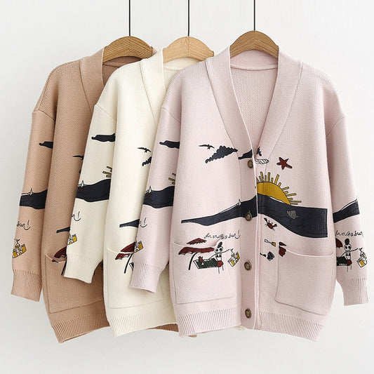 Japanese Style Nature Embroidery Cardigan Sweater