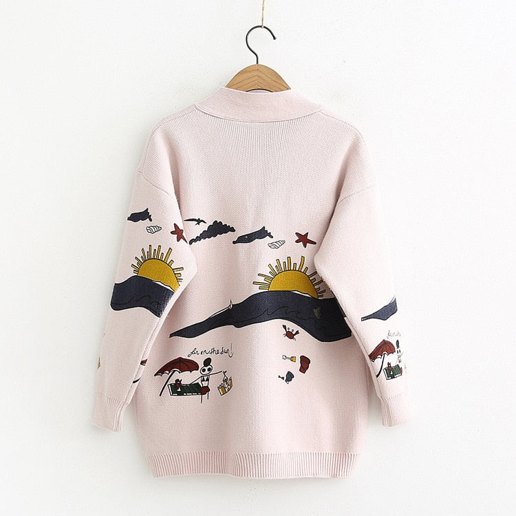 Japanese Style Nature Embroidery Cardigan Sweater