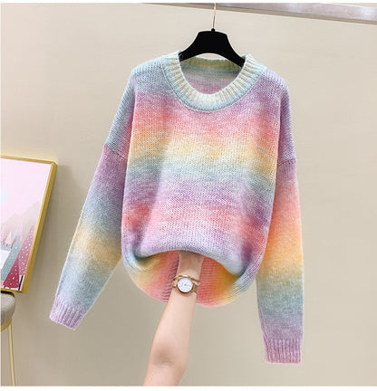 Women Rainbow Colorful Stripe Sweaters