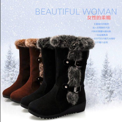 Winter Women's Boots – Casual Warm Fur Mid-Calf Boots, Slip-On Round Toe Wedges, Plus Size Snow Boots