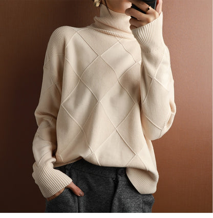 Elegant Turtleneck Winter Sweater for Women – Thick & Warm Knitted Pullover with Crochet Texture, Slim & Loose Fit Jersey Knit Jumper