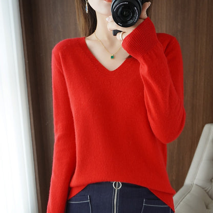 Autumn Winter Knitted Women V-Neck Slim Fit Sweater