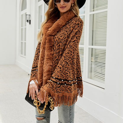 Womens Leopard Color Faux Fur Collar Thick Winter Warm Shawl Jackets