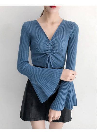 Women Drawstring V-Neck Thin Sweaters