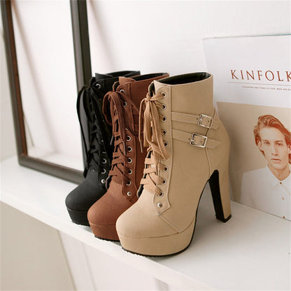 Women's Retro High Heel Ankle Boots – Lace-Up Roman Booties with Double Buckle Straps, Chunky Platform T-Stage Boots