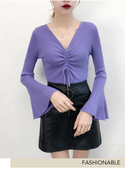 Women Drawstring V-Neck Thin Sweaters