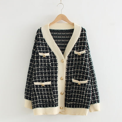 Black Edge Plaid Womens Winter Cardigan Sweaters