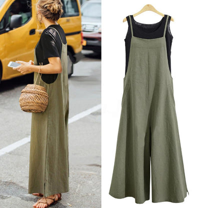 5XL Women Strap Loose Wide Leg Cotton Jumpsuit