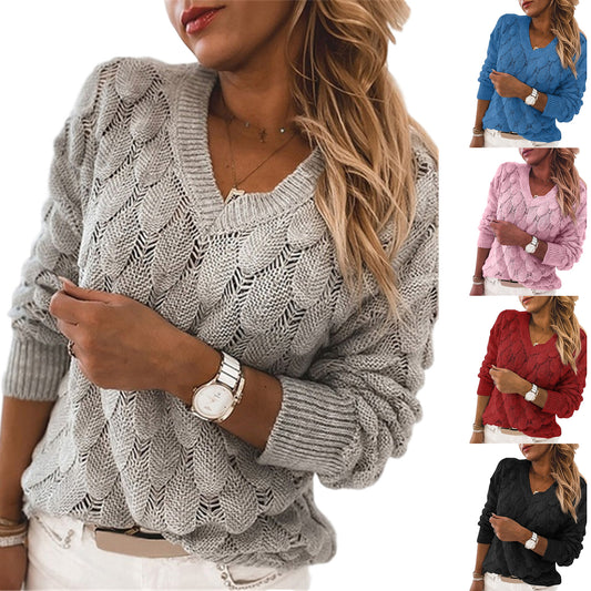 Women's Elegant Hollow V-Neck Autumn Winter Sweater