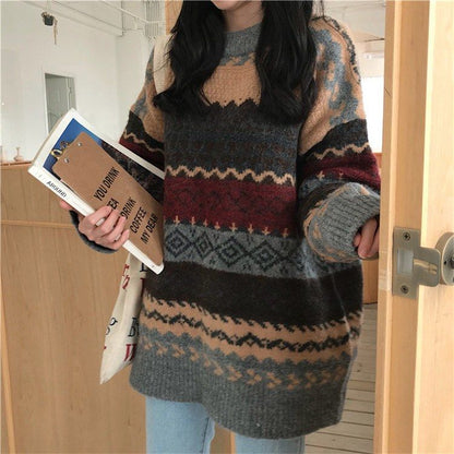 Vintage Sweaters Women Pullover Winter Striped Jumpers Korean Style Loose Pullover Knitwear Casual Loose Sweater Pull Femme