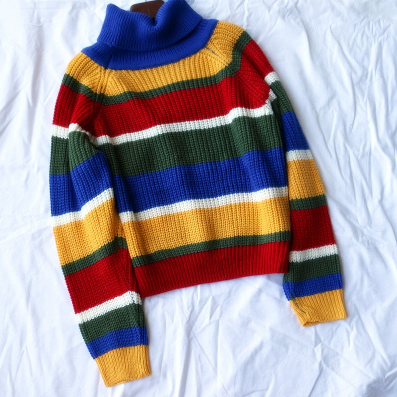 Women Contrast Stripes Turtleneck Sweater