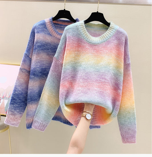 2025 Women's Angora Knitted Sweater – Gradient Stripe Color Block Pullover, Idle Style Chic Knitwear for Autumn/Winter