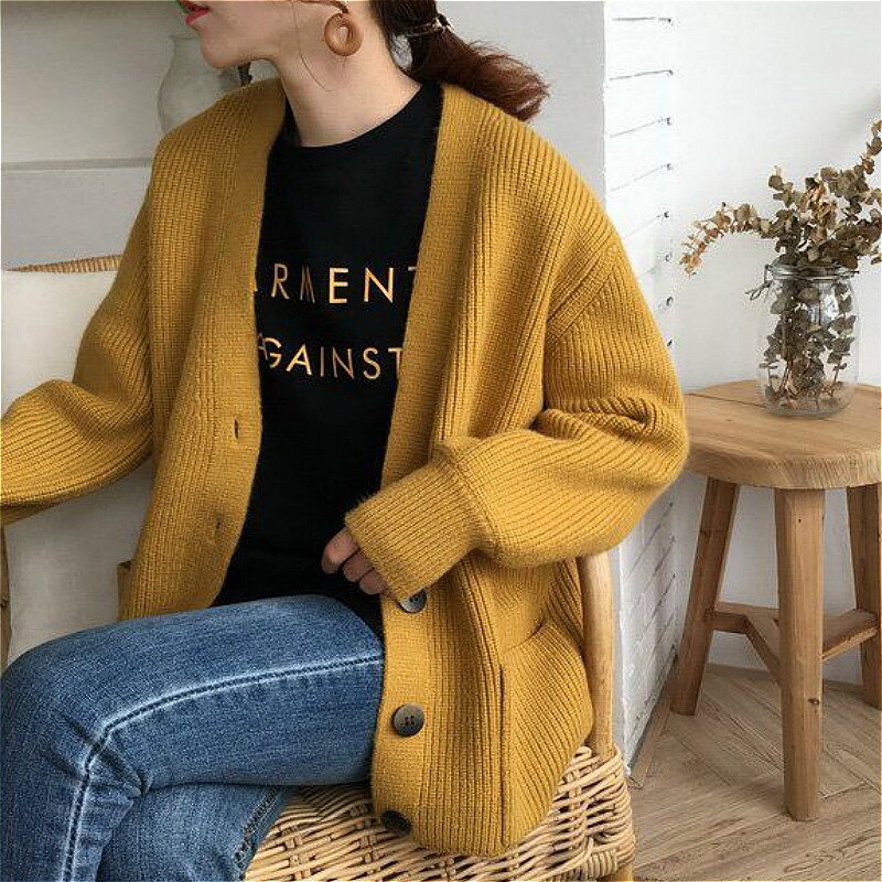 Yellow Single Breasted Cardigan Sweater