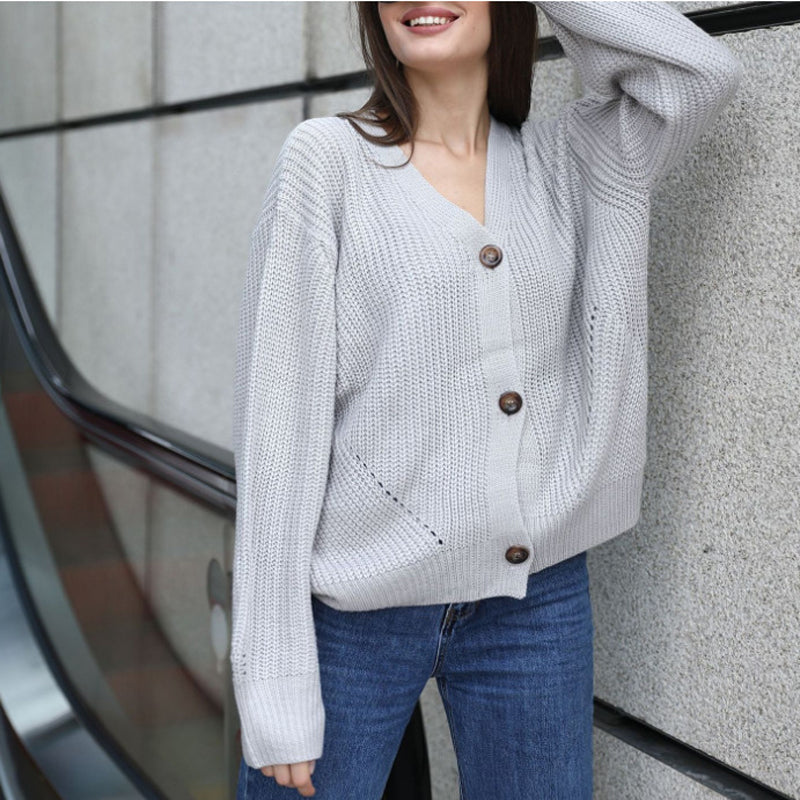 Women Deep V-Neck Knitted Cardigan Sweater