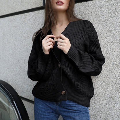 Women Deep V-Neck Knitted Cardigan Sweater