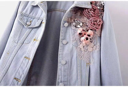 Womens Autumn Floral Emroidery Long Sleeve Jean Denim Coats