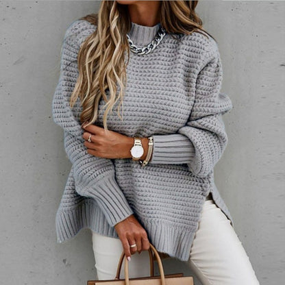 Autumn Winter Mock Neck Batwing Sleeve Women Knitted Sweater