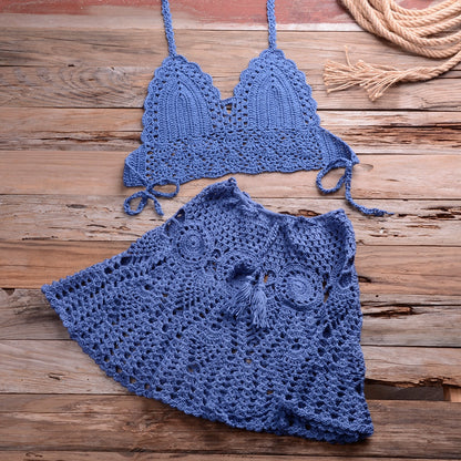 Women's Solid Knit Crochet Bikini Set | Hollowed Out Two-Piece Swimsuit, Halter Beachwear Swimwear