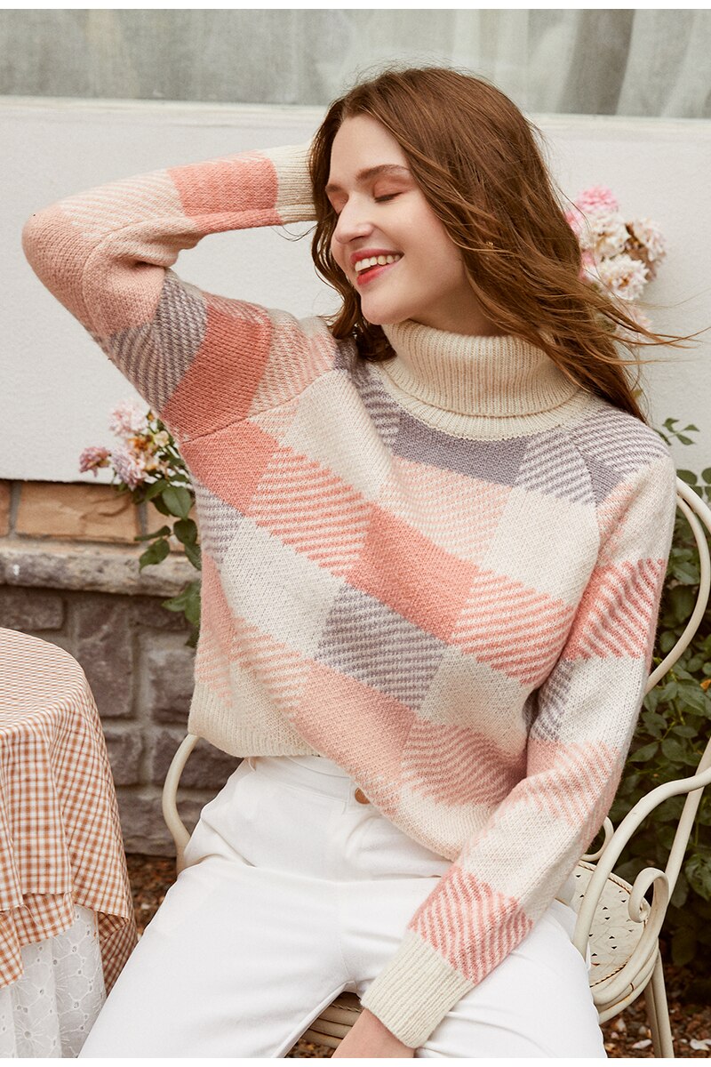 Women's Casual Turtleneck Warm Plaid Sweater