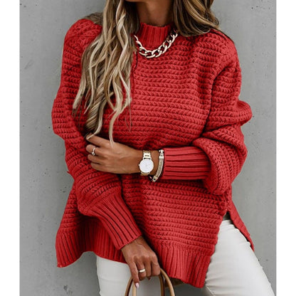 New Autumn/Winter Women's Half-Turtleneck Sweater – Solid Color Glove-Head Side Slit Knit Fashion Trend Commuter Sweater