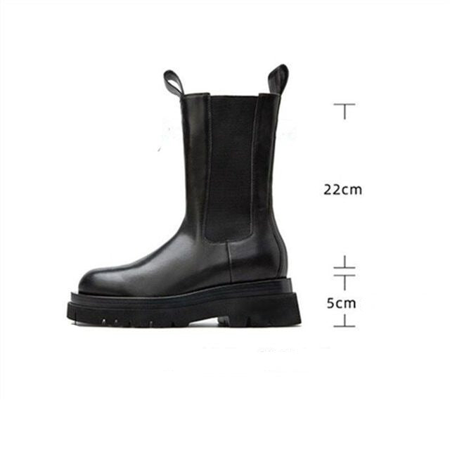 Women Cow Leather Round Toe Thick Sole Ankle Chelsea Boots