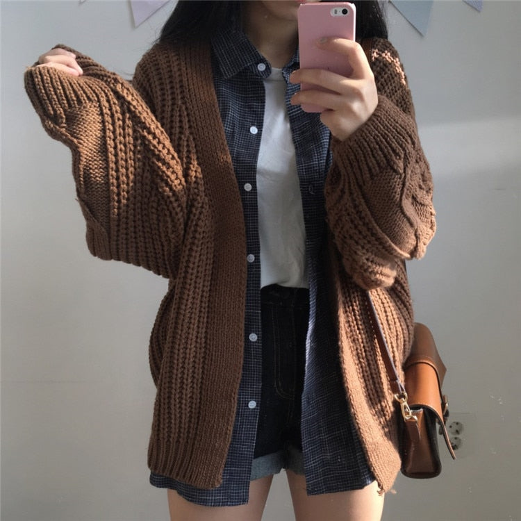 One Size Brown Knit Cardigan Sweater