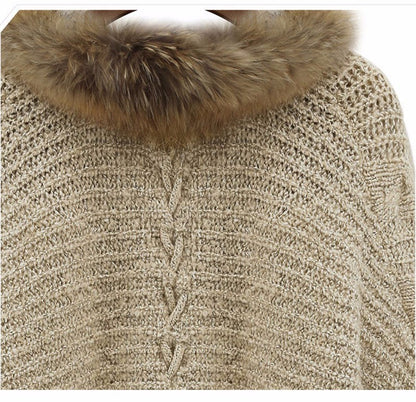 Women's Knitted Cardigan with Fur Collar, Bat Sleeve Loose Sweater Coat